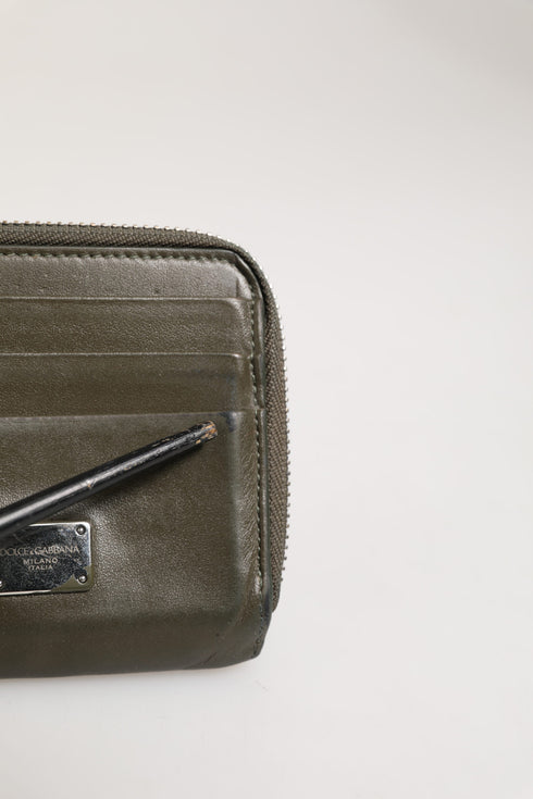 Dolce & Gabbana Military Green Leather Logo Plaque Card Holder Coin Purse Wallet